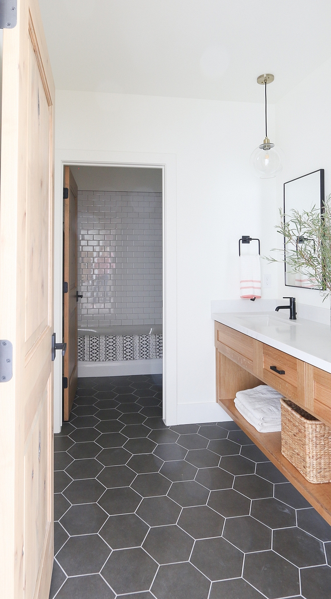 Bathroom large Hex floor tile Modern Farmhouse bathroom with white oak vanity and large Hex floor tile Bathroom large Hex floor tile Bathroom large Hex floor tile Bathroom large Hex floor tile #Bathroom #largeHexfloortile #hextile