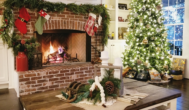 The arched brick fireplace using the same General Shale Old Louisville Tudor thin brick