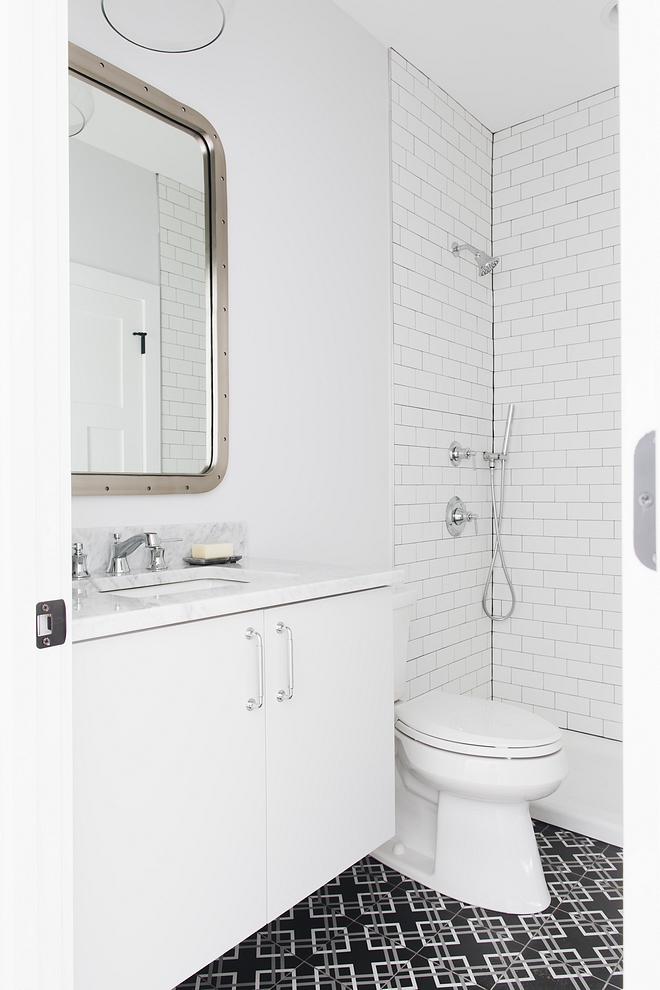 Transitional bathroom design Transitional bathroom design with black and white cement tile #Transitionalbathroomdesign #cementtile