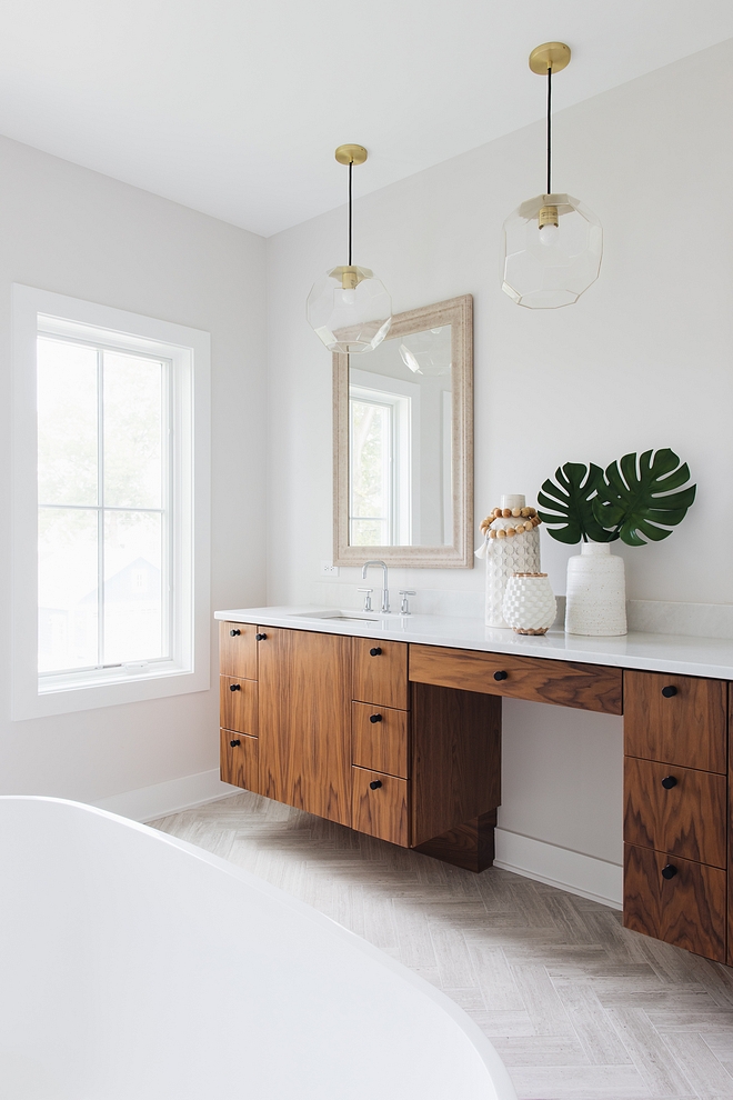 Bathroom Walnut vanity with herringbone tile Beautiful master bathroom Bathroom Walnut vanity with herringbone tile #Bathroom #Walnutvanity #herringbonetile