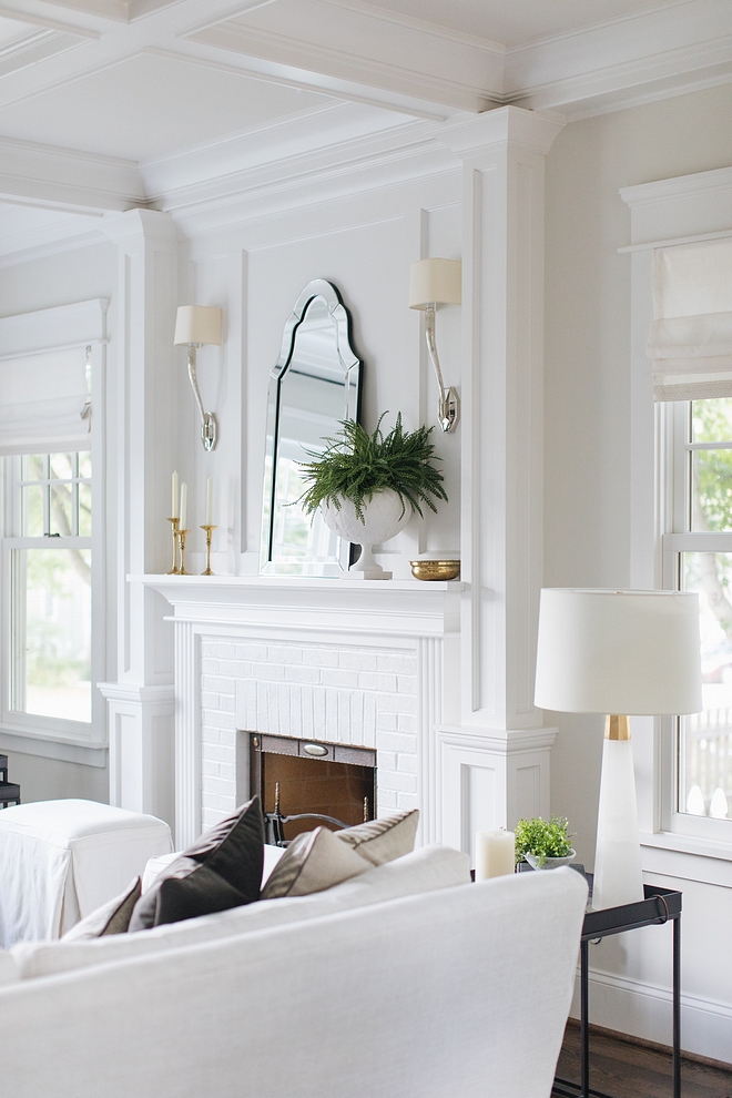 Benjamin Moore Decorator White Coffered ceiling Trim and Fireplace are painted in Benjamin Moore Decorator White Paint Color Benjamin Moore Decorator White Benjamin Moore Decorator White #BenjaminMooreDecoratorWhite