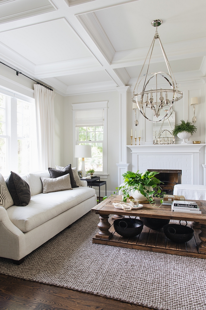 Classic Gray by Benjamin Moore Living room with trim and coffered ceiling boxes painted in Decorators White by Benjamin Moore #Benjaminmoore #paintcolors #paintcolor #Benjaminmoorepaintcolors