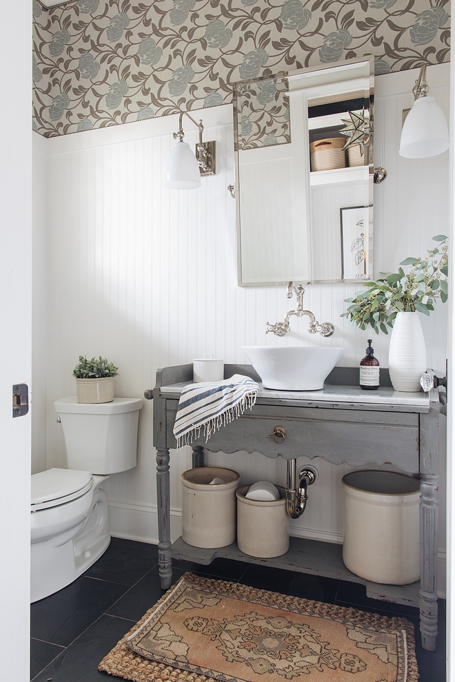 Bathroom Wainscoting The ceiling height is 10’ so the headboard goes up even with the 8’ doors The last two feet I covered in fabric that I railroaded around the perimeter of the room #bathroom #wainscoting