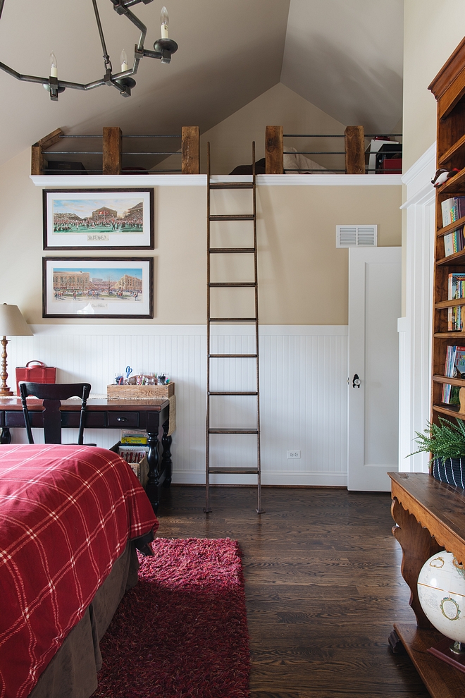 Loft Kids Bedroom Loft Ideas For my son’s loft I wanted a more rustic feel. I bought reclaimed timbers that were cut and secured and then we used left over rebar from the concrete process of our house to create the railing. It was inexpensive, easy, and incredibly sturdy #Loft #bedroomloft #KidsBedroom #kidsbedroomLoft