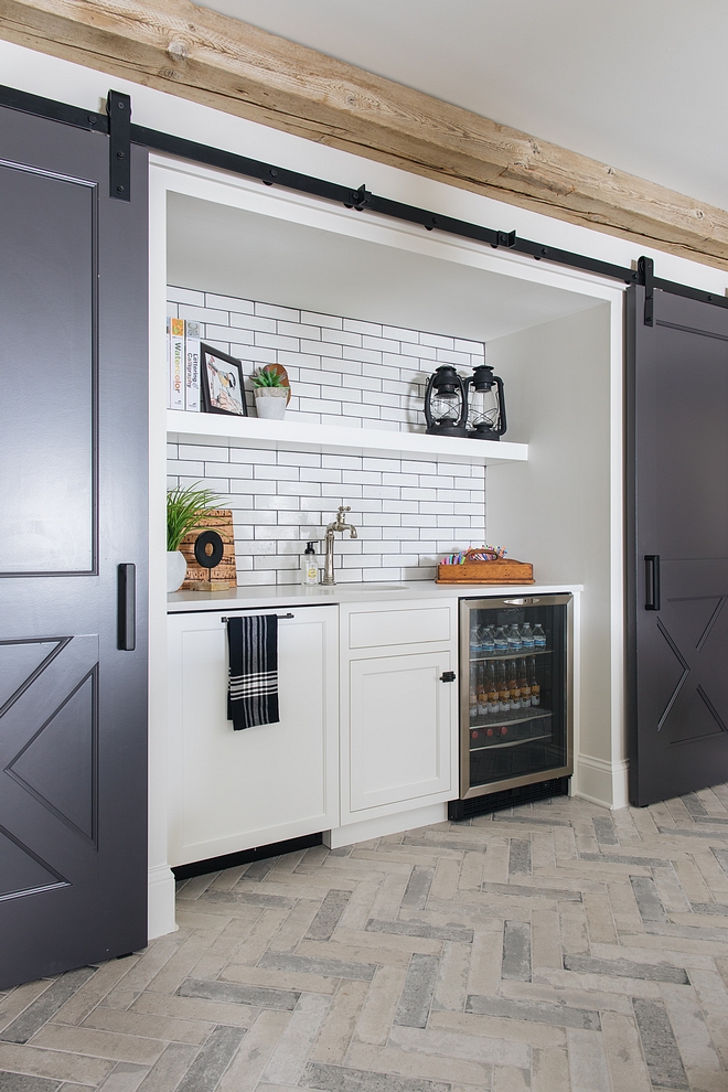 Wet Bar Snack Bar Barn doors conceal a Snack Bar in the basement Wet Bar Snack Bar #SnackBar #wetbar #bar #basement