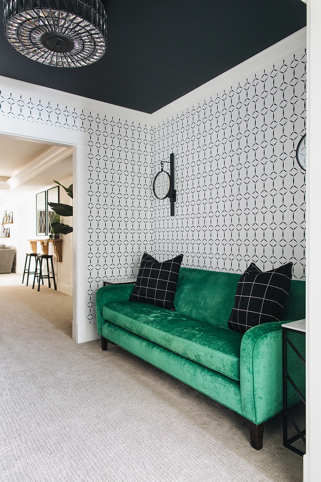 Video Game Room My son just wanted an X-box room. I was inspired by the X-box packaging and that black, white, and green look became the color scheme for the whole basement Ceiling Painted Benjamin Moore Black #VideoGameRoom