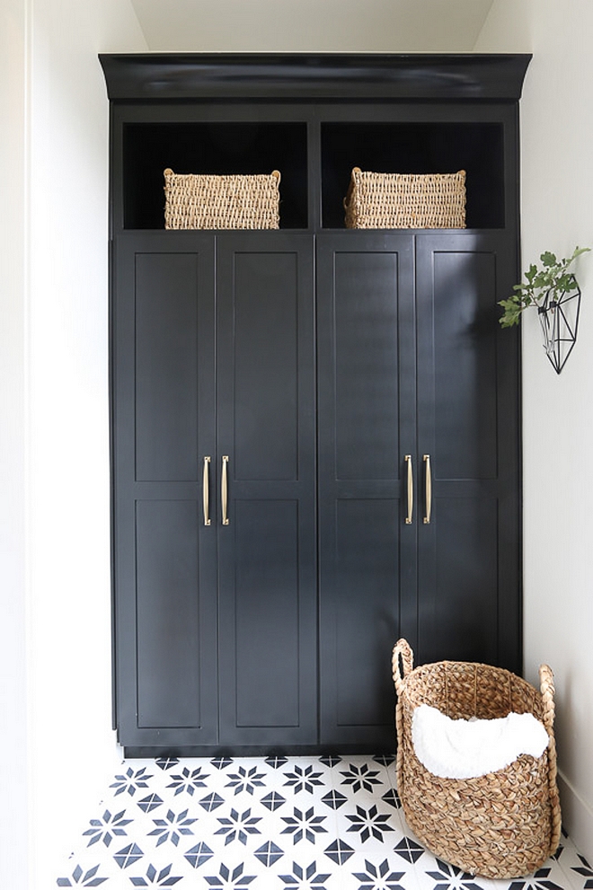 Black Cabinet Mudroom with black cabinet and black and white cement tile Black Cabinet Mudroom Black Cabinet Mudroom Black Cabinet Mudroom Black Cabinet Mudroom #BlackCabinet #Mudroom
