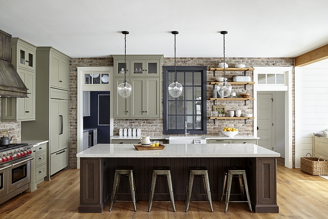 Farmhouse Kitchen Traditional farmhouse kitchen with shaker style cabinets Benjamin Moore Nantucket Grey HC-11 and brick backsplash Farmhouse Kitchen Traditional farmhouse kitchen Farmhouse Kitchen Traditional farmhouse kitchen #FarmhouseKitchen #Traditionalfarmhouse #farmhosue #farmhouse #kitchen