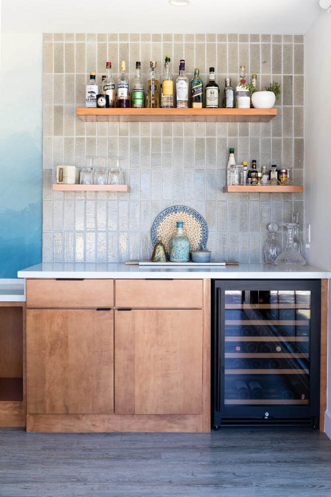 Bar with flat-faced cabinet, flowating shelves and Glazed terracotta tile as backsplash #bar #Glazedterracottatile #Glazedtile