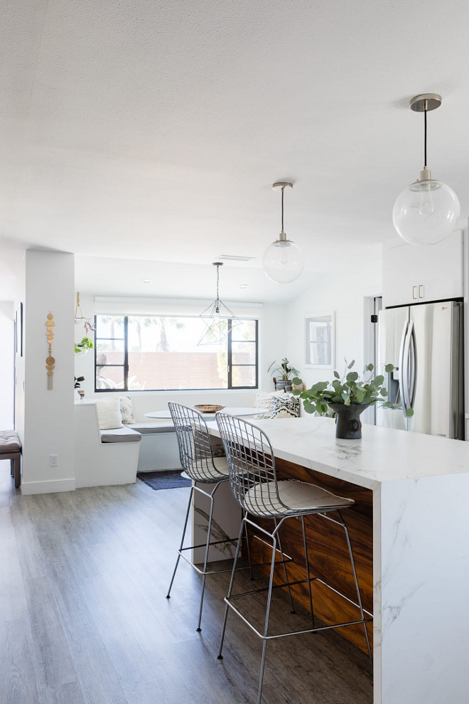 Kitchen Renovation Interior Paint Color: Carrara, Dunn Edwards Barstools are Bertoia Chrome Wire stools #kitchen #paintcolor #Barstools #Wirestools