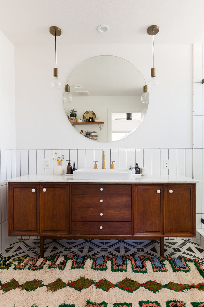 Mid-century Bathroom Mid-century Bathroom with black and white cement tile and vintage Mid-century credenza turned into vanity Mid-century Bathroom #MidcenturyBathroom