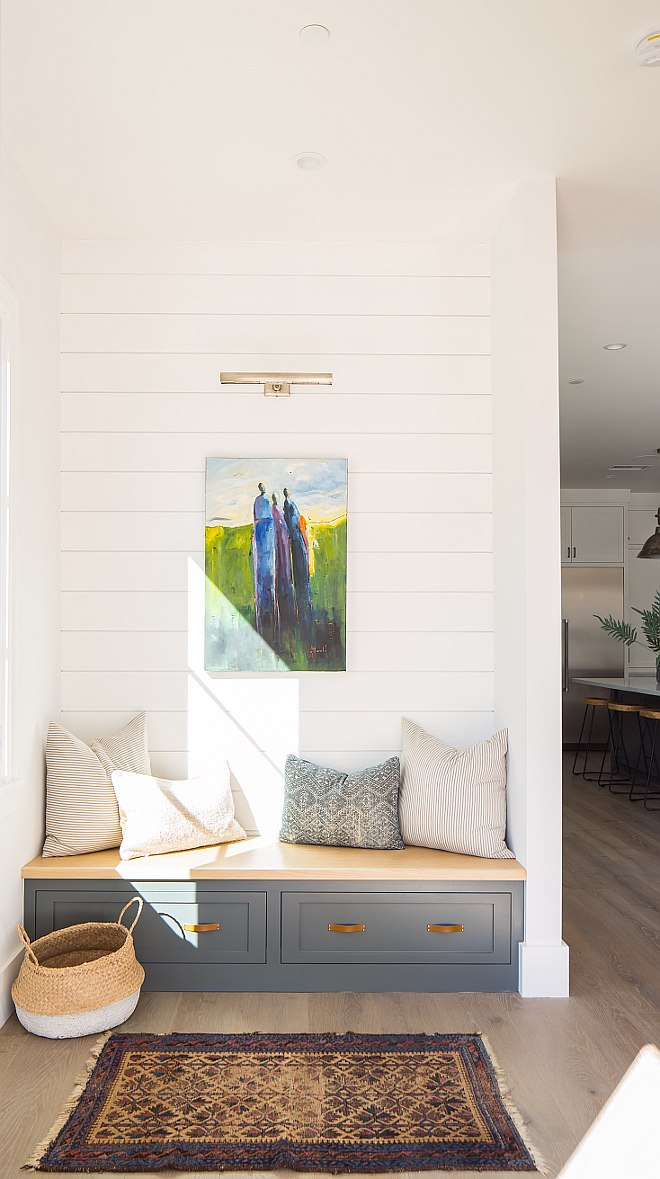 Modern Farmhouse Foyer with buit-in bench and shiplap Modern Farmhouse Foyer with buit-in bench and shiplap design #ModernFarmhouseFoyer #ModernFarmhouse #Foyer #foyerbench #buitinbench #shiplap