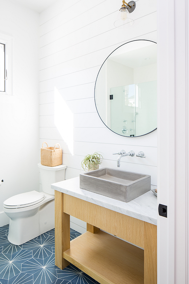 Modern farmhouse bathroom with shiplap and freestanding vanity This bathroom feels very current The custom White Oak washstand features a concrete vessel sink Modern farmhouse bathroom with shiplap and freestanding vanity #Modernfarmhousebathroom bathroom #shiplap #freestandingvanity