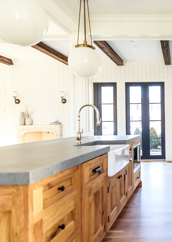 Natural wood kitchen island The kitchen island countertop is Caesarstone Rugged Concrete, mitered Natural wood kitchen island with grey quartz countertop Natural wood kitchen island #Naturalwoodkitchenisland Naturalwoodkitchencabinet #Naturalwoodkitchen