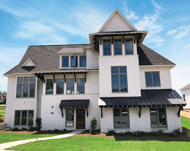 Brick Exterior The brick exterior is painted in Sherwin Williams SW 7028 Incredible White. The corbels, brackets, eaves and Tudor trim are stained in Minwax Special Walnut #brickexterior #paintedbrick #brick #exterior
