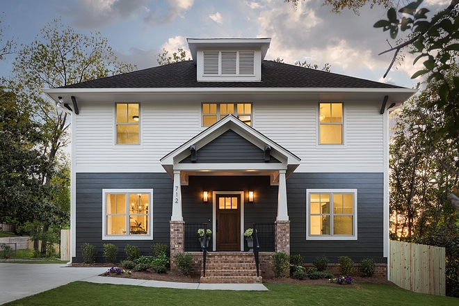 Two-Toned Exterior with Brick Accent New home with Two-Toned siding and brick columns Two-Toned Exterior New home with Two-Toned siding and brick columns #Newhome #TwoTonedsiding #siding #brickcolumns #brick exterior #brick