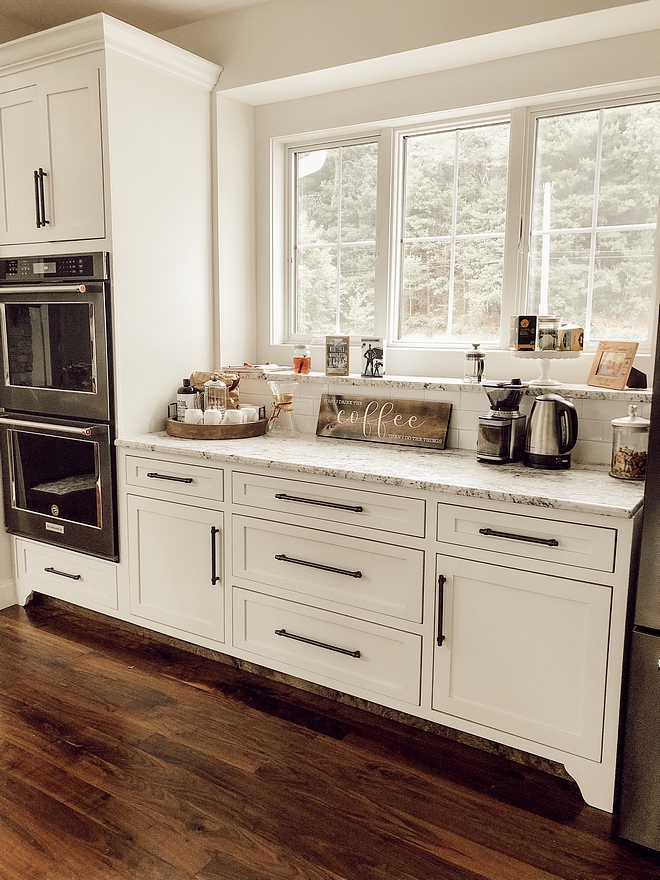 Coffee station This practical coffee station is located between the refrigerator (on right) and the ovens (on left). This is a great area for baking as well #coffeestation #bakingstation #kitchen