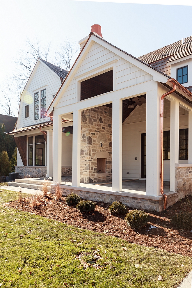 Stone exterior with white and copper gutters and Downspouts #exteriorstone #stone #coppergutters #copperDownspouts