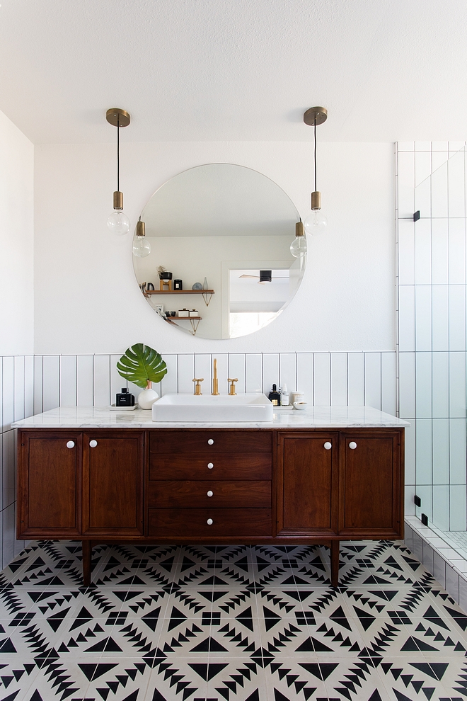 Dresser Vanity We were having a hard time finding a prefab vanity that we liked, so we searched on Etsy for a Mid Century credenza to convert Dresser Vanity #DresserVanity