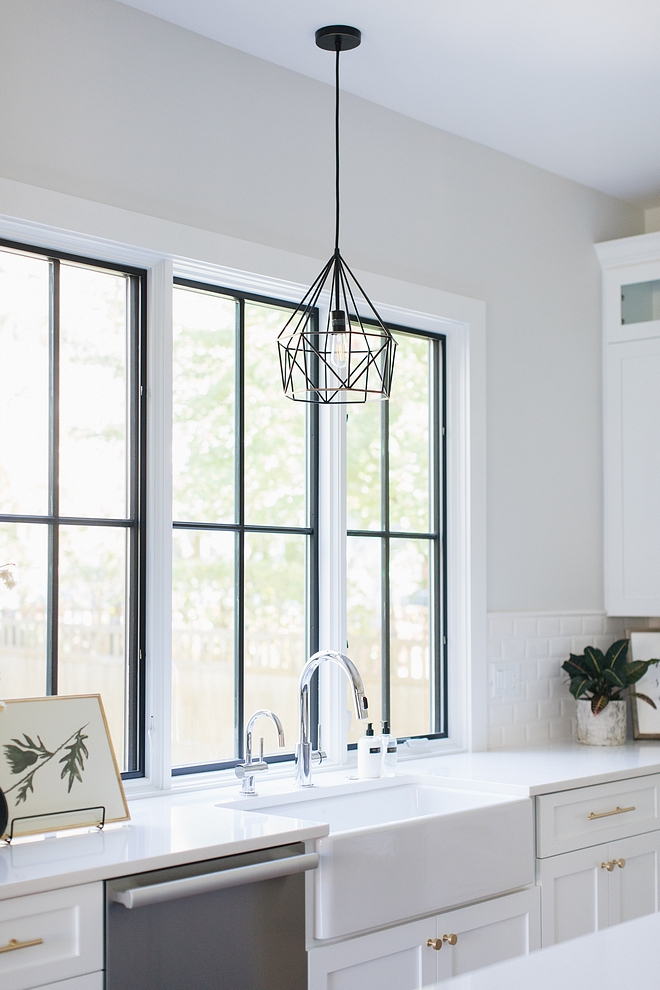 Black windows above kitchen sink painted in Sherwin Williams Tricorn Black Black windows are Pella Black windows above kitchen sink Black windows above kitchen sink #Blackwindows #kitchensinkwindows #kitchenblackwindows