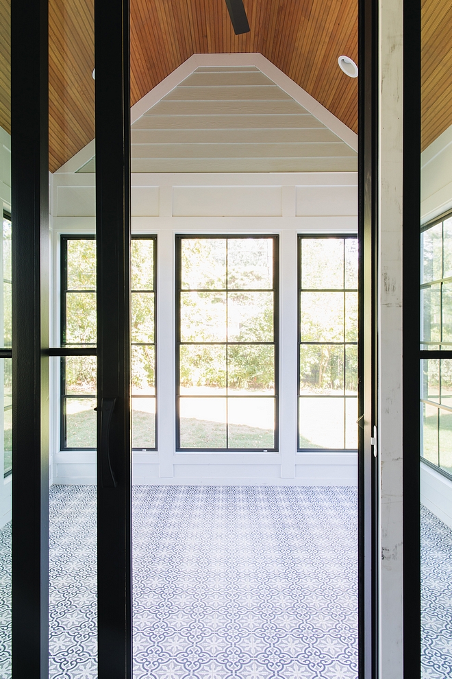 Sunroom sunroom with black windows, Cedar beadboard ceiling and cement tile #sunroom #blackwindows #Cedar #beadboard #cementtile