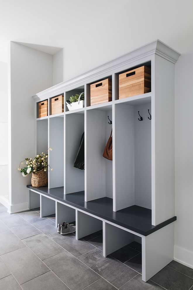 Grey Mudroom Grey mudroom cabinet Grey Lockers Mudroom paint color is Sherwin Williams SW 7070 Site White #greymudroom #greylockers #mudroom #grey #paintcolor #cabinet #greycabinet #greycabinetpaintcolor