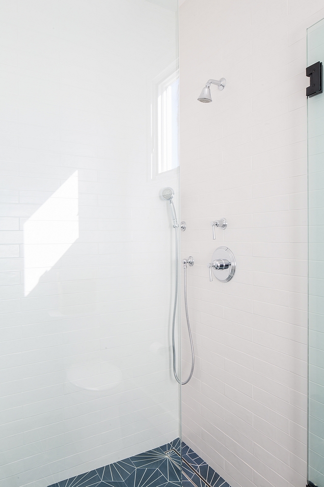 Shower Tiles 2 x 16 matte white porcelain tile with Starburst Hex Cement Tile #ShowerTile