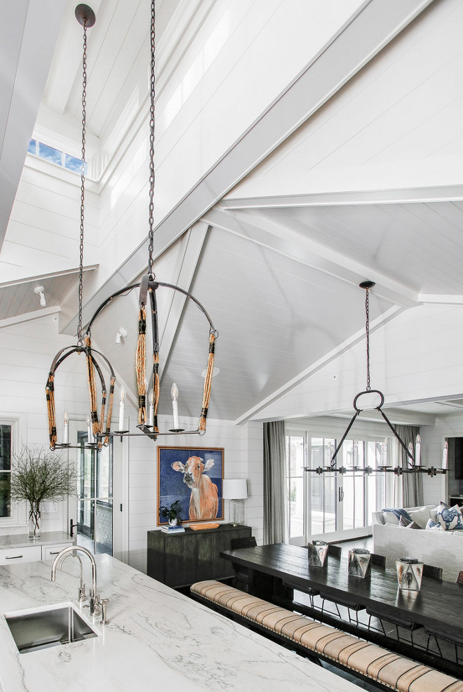 Shiplap ceiling and painted wrapped Beams with skylight in kitchen Kitchen ceiling Kitchen skylight ceiling Adding a skylight to kitchen ceiling #kitchenceiling #kitchen #Shiplapceiling #paintedbeams #wrappedBeams #skylight