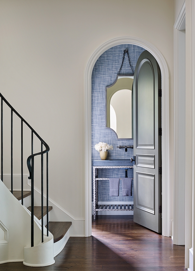 Powder room arched doorway Powder room located off foyer with arched doorway featuring a Bradley McCoy washstand with Shelf Powder room arched doorway ideas Powder room arched doorway interior design Powder room arched doorway #Powderroom #archeddoorway #archeddoor #powderbath #batrhoom
