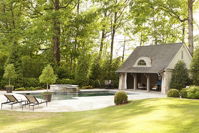 The pool are is surrounded by trees Backyard ideas #pool