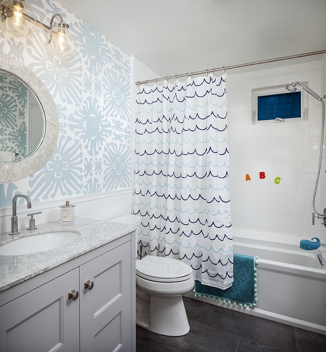 Kids Bathroom with wallpaper and subway tile wainscoting Kids Bathroom with wallpaper and subway tile wainscoting design Kids Bathroom with wallpaper and subway tile wainscoting ideas Kids Bathroom with wallpaper and subway tile wainscoting Kids Bathroom with wallpaper and subway tile wainscoting #KidsBathroom #bathrooom #wallpaper #subwaytilewainscoting