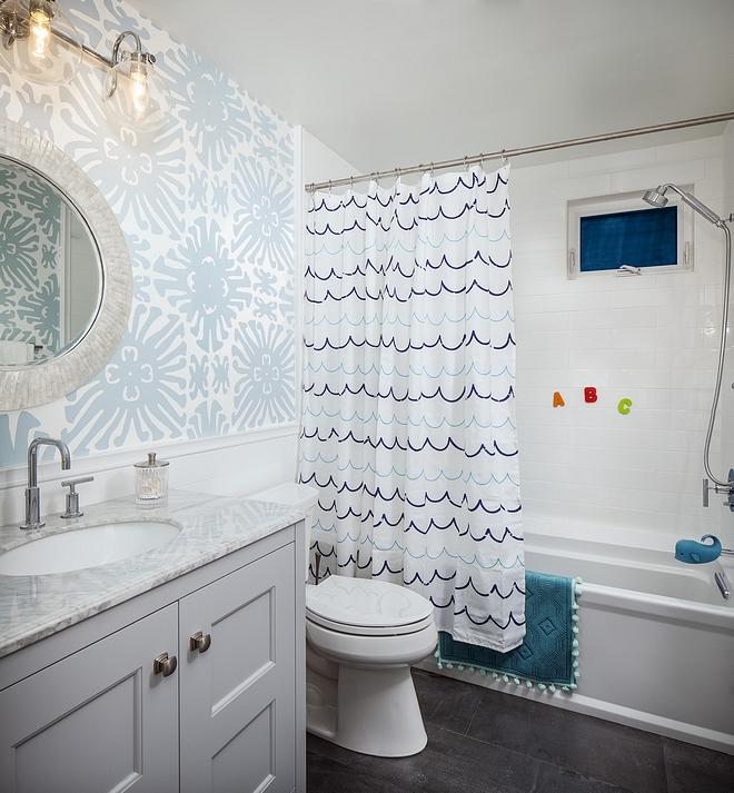 Kids Bathroom with wallpaper and subway tile wainscoting Kids Bathroom with wallpaper and subway tile wainscoting design Kids Bathroom with wallpaper and subway tile wainscoting ideas Kids Bathroom with wallpaper and subway tile wainscoting Kids Bathroom with wallpaper and subway tile wainscoting #KidsBathroom #bathrooom #wallpaper #subwaytilewainscoting