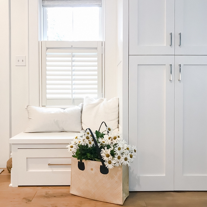 Foyer Built-in Bench A built-in bench and a tall cabinet adds storage and a place to put on your shoes and store coats Perfect for small spaces Foyer Built-in Bench #FoyerBuiltinBench #FoyerBuiltins #FoyerBench #foyer #bench #smallspaces