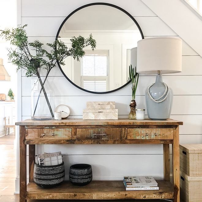 Foyer Console Table Decor Shiplap Accent Wall Shiplap walls and a distressed console table with beautiful decor complements this space Foyer Console Table Decor Shiplap Accent Wall Foyer Console Table Decor Shiplap Accent Wall #Foyer #ConsoleTable #Decor #Shiplap #AccentWall #Shiplapaccentwall #foyerdecor #consoletabledeor
