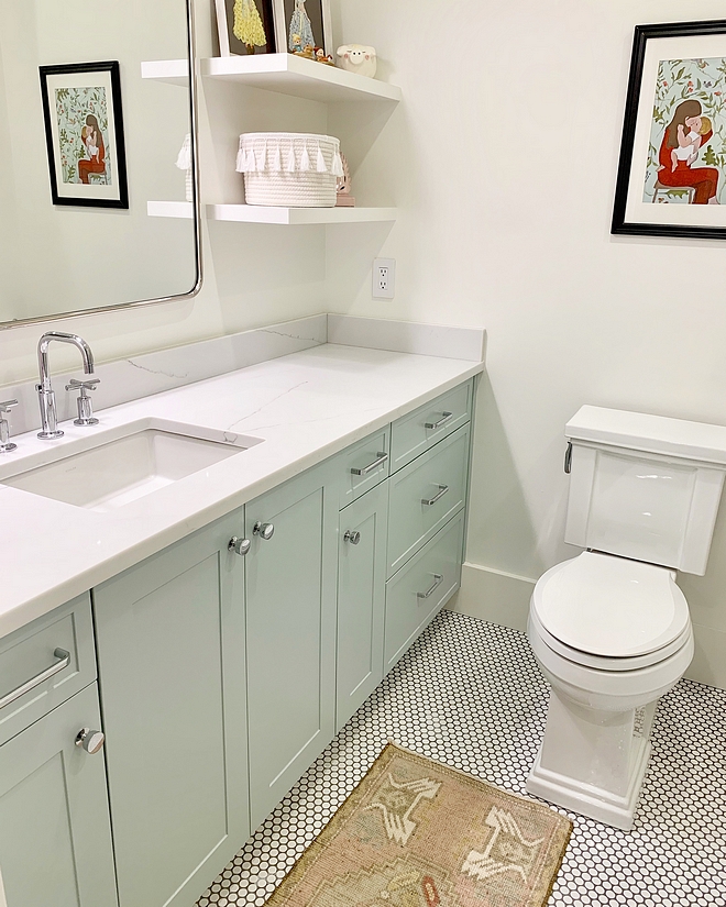 Benjamin Moore Woodlawn Blue I loved this retro blue and it inspired me to go with a retro vibe in her bathroom Benjamin Moore Woodlawn Blue #BenjaminMooreWoodlawnBlue