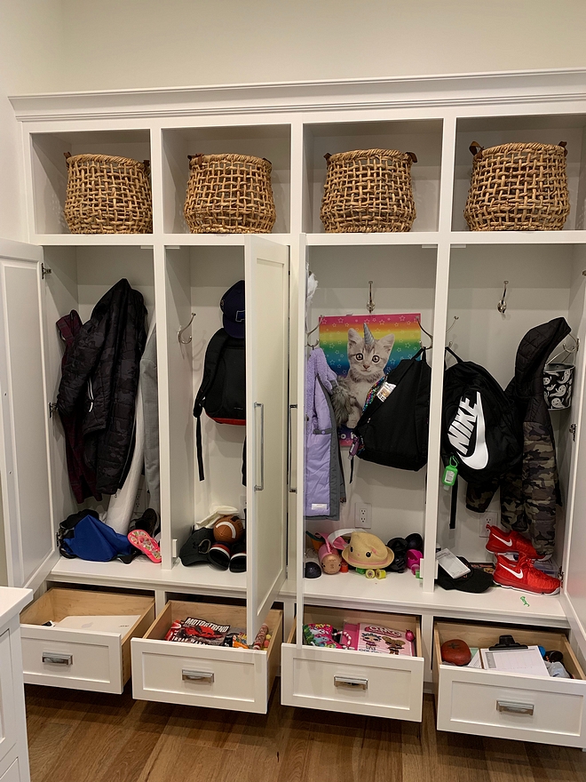 Mudroom Lockers with doors and drawers The insides are always messy, but at least with the doors that space stays looking clutter free. We added drawers on the bottoms for shoes, art supplies, and knick knacks. I’m all about hiding my mess We also added an outlet in each locker for electronic charging #mudroom #lockers