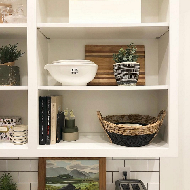 Pantry Shelves I wanted functional open shelving since you could see into the pantry from the kitchen. I wanted to be able to display pretty dishes and bowls, while still having easy access to them #pantry #pantryshelves #shelves