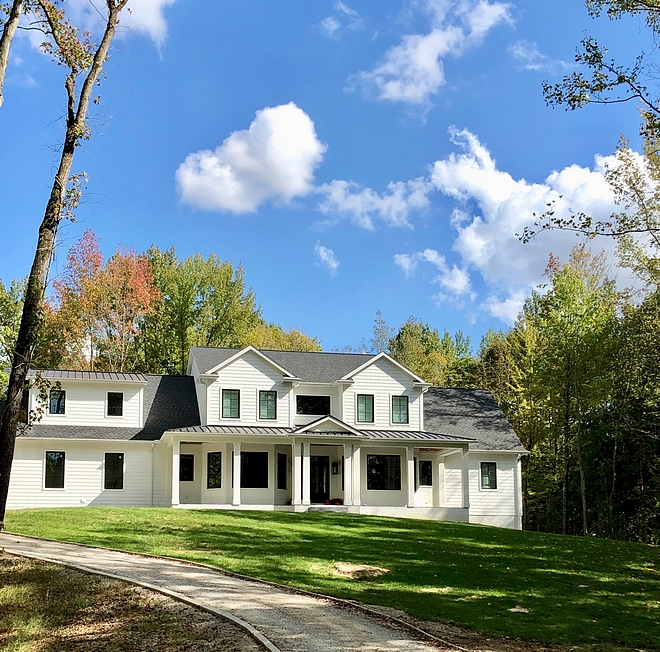 White farmhouse From the beginning of designing, we knew we wanted an all white house with clean lines, but we wanted it to be a mixture of materials. We decided on Celect siding, mixed with white painted brick to add texture We wanted black windows to add that modern feel, and mixed a traditional black shingled roof with a metal roof over the porches to add that farmhouse touch #Whitefarmhouse #porch #brich #metalroof #blackwindows #roof #farmhouse #farmhousestyle