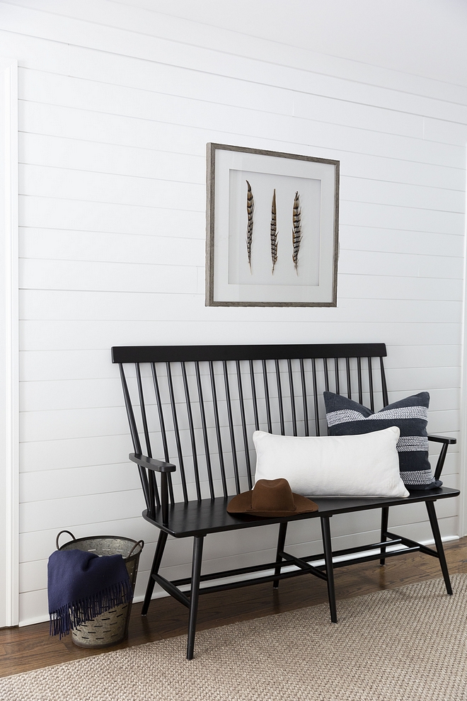 Black spindle bench Farmhouse inspired foyer featuring a black spindle bench and natural fiber sisal runner and a galvanized olive bucket with tapered metal frame used as decor #foyer #bech #foyerbench #Blackspindlebench #Farmhouse #farmhousefoyer #naturalfiberrunner #sisalrunner #galvanizedolivebucket #olivebucket #decor