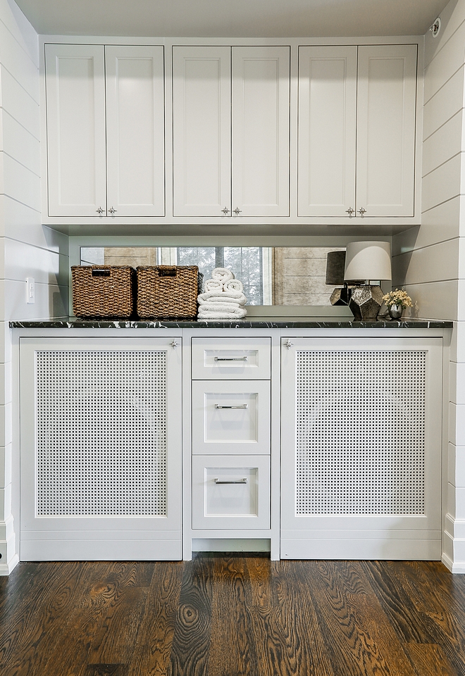 Laundry room is located in a nook the master suite, just before entering the bathroom Breathable cabinet doors to hide the washer/dryer #masterbedroom #laundryroom #laundryroomcabinet