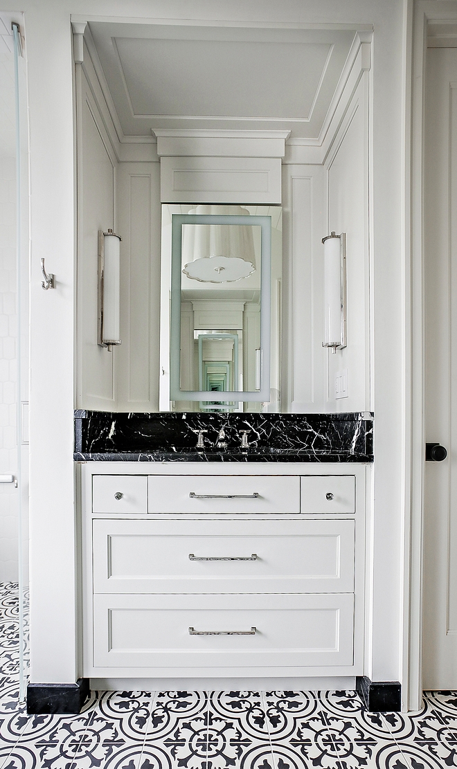 Benjamin Moore Simply White Bathroom Cabinet tucked into niche Countertop is Marble Nero Marquina #BenjaminMooreSimplyWhite #Countertop #MarbleNeroMarquina