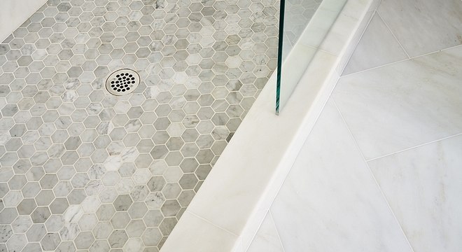 Shower Pan is 3” Marble Hexagon tile with Bright White Grout Lower Shower Pan Tile Shower Pan Ideas Shower Pan Tiling #ShowerPan #ShowerPantile #ShowerPantiling #ShowerPanideas