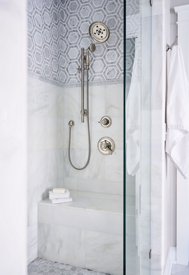 Shower Tiling Walls 12x24 Carrera (in a brick lay) with Bright White Grout Upper Wall Carrera Mosaic with Bright White Grout Upper and Lower Wall separated by a Carrera Chair Rail #shower #tile #showertile #showertiling #showertileideas #showerideas