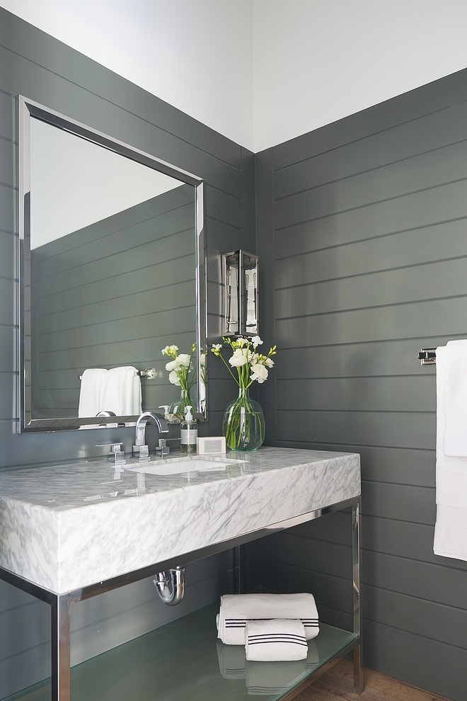  Sherwin Williams SW 7068 Grizzle Gray The powder room features T and G wainscoting painted in Sherwin Williams SW 7068 Grizzle Gray This color works perfectly with the washstand countertop #SherwinWilliamsSW7068GrizzleGray #TandG #tongueandgroove #wainscoting