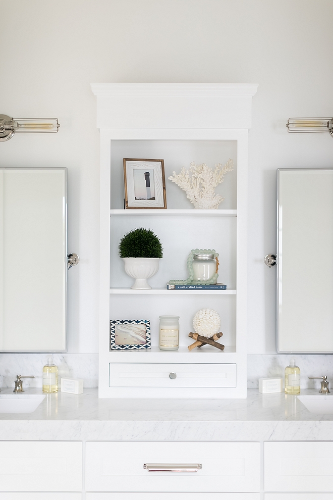 Bathroom double vanity with center tower with open shelves Double Vanity with Center Tower for Extra Storage Bathroom double vanity with center tower with open shelves #Bathroom #doublevanitybathroom #vanitycentertower #centertowercabinet #bathroomopenshelves #bathroom #openshelves