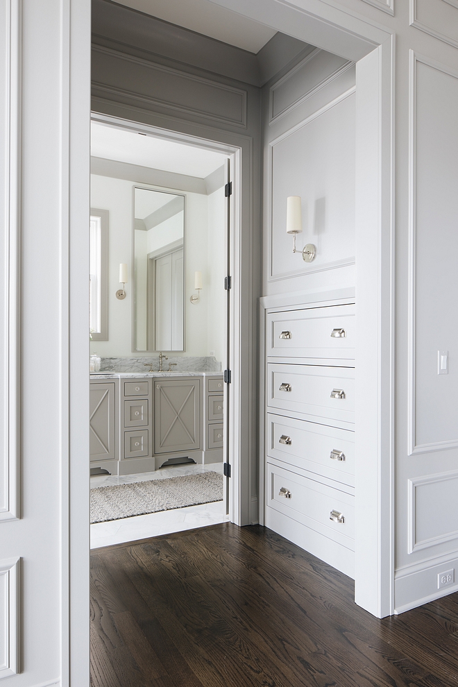 Built-in dresser Bedroom built-in dresser The master bedroom features a hallway with built-in dresser Paint color is Benjamin Moore Ozark Shadows #Built-in dresser Bedroom built-in dresser #masterbedroom #hallway #bedroomdresser #builtindresser #bedroombuiltindresser