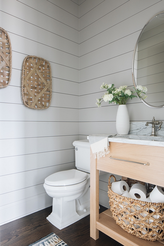 Benjamin Moore Ozark Shadows Powder room features a grey shiplap painted in Benjamin Moore Ozark Shadows and a custom Rift Oak vanity #shiplap #BenjaminMooreOzarkShadows #BenjaminMoore #OzarkShadows