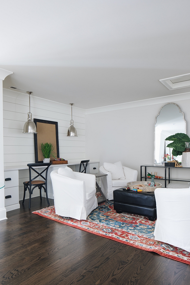 Landing with desk This area was designed with kids in mind Desk area features lighting and Shiplap wall backsplash #Landing #desk #shiplap