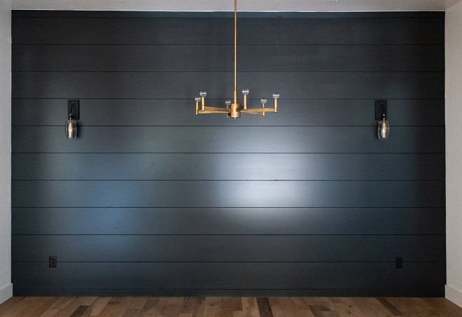 Black Shiplap Dining room with black shiplap accent wall Paint color is Sherwin Williams Iron Ore Black Shiplap #BlackShiplap #paintcolor #blackshiplapaccentwall #SherwinWilliamsIronOre