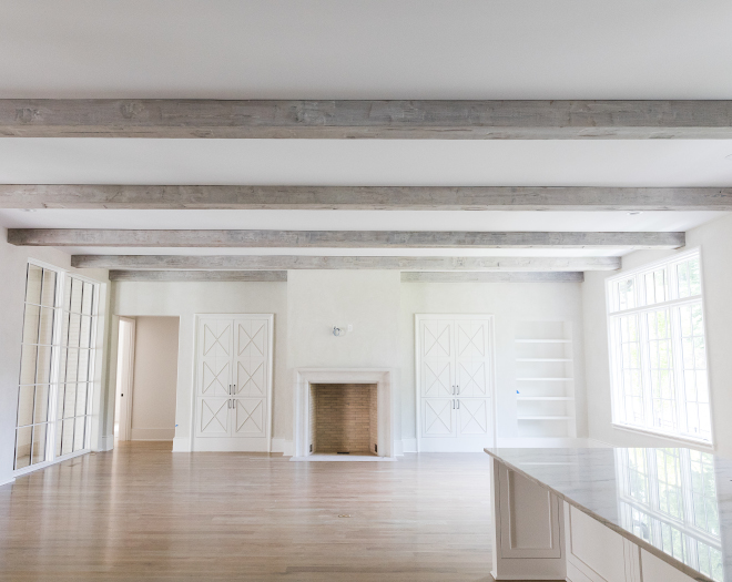 Whitewashed beams The kitchen, dining area and the Great Room features distressed box beams with a custom whitewash finish #whitewashedbeams #distressedbeams #beams